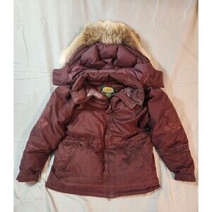 VTG Cabela's Goose Down Womens Large Coyote Fur Hood Purple Winter Parka Jacket